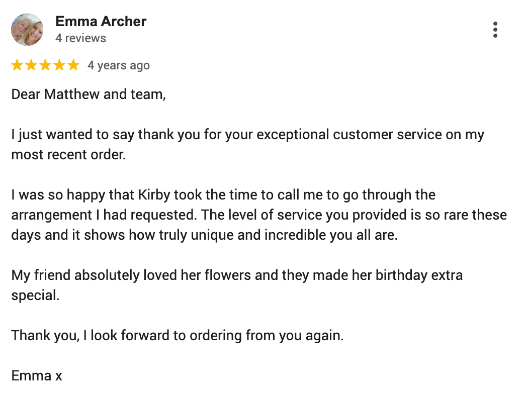 Screenshot of 5-star Google review from Emma praising florist Subiaco service.