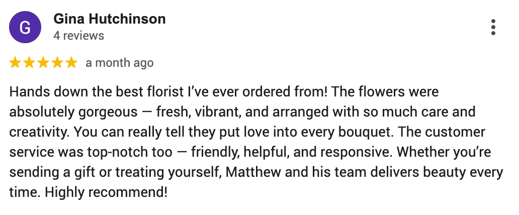 Screenshot of 5-star Google review from Gina praising florist Subiaco service.