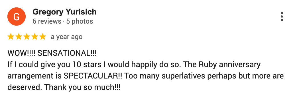 Screenshot of 5-star Google review from Greg praising florist Subiaco service.