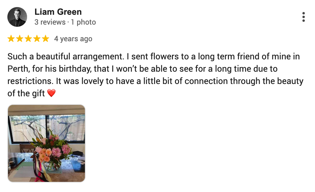 Screenshot of 5-star Google review from Liam praising florist Subiaco service.