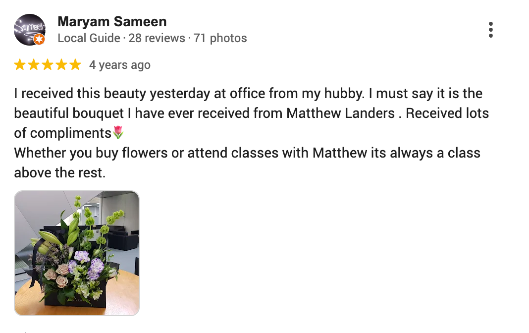 Screenshot of 5-star Google review from Maryam praising florist Subiaco service.
